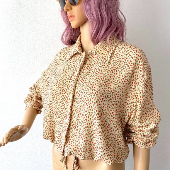 Brandy Melville Floral Blouse Drawstring Top Cropped Blouse Trendy Casual S M L - Picture 4 of 9